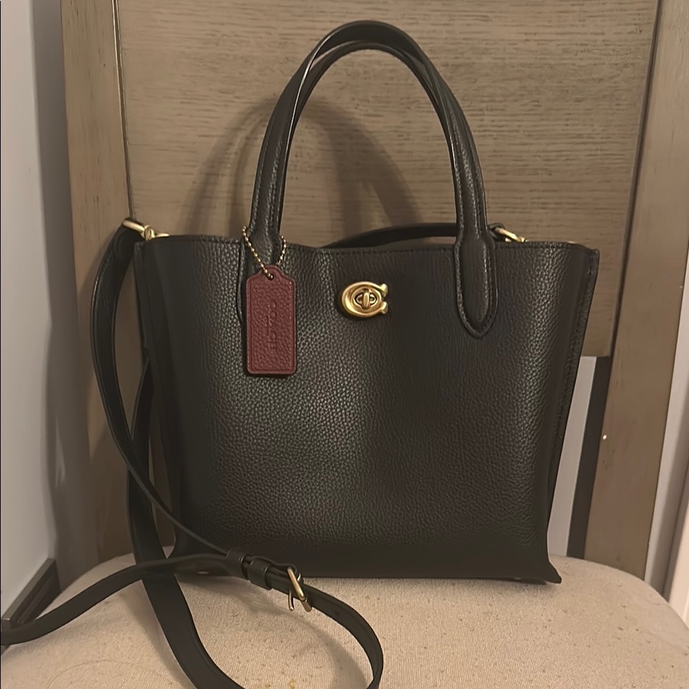 Coach Brown Pebbled Leather Satchel with Burgundy Tag and Gold Turnlock